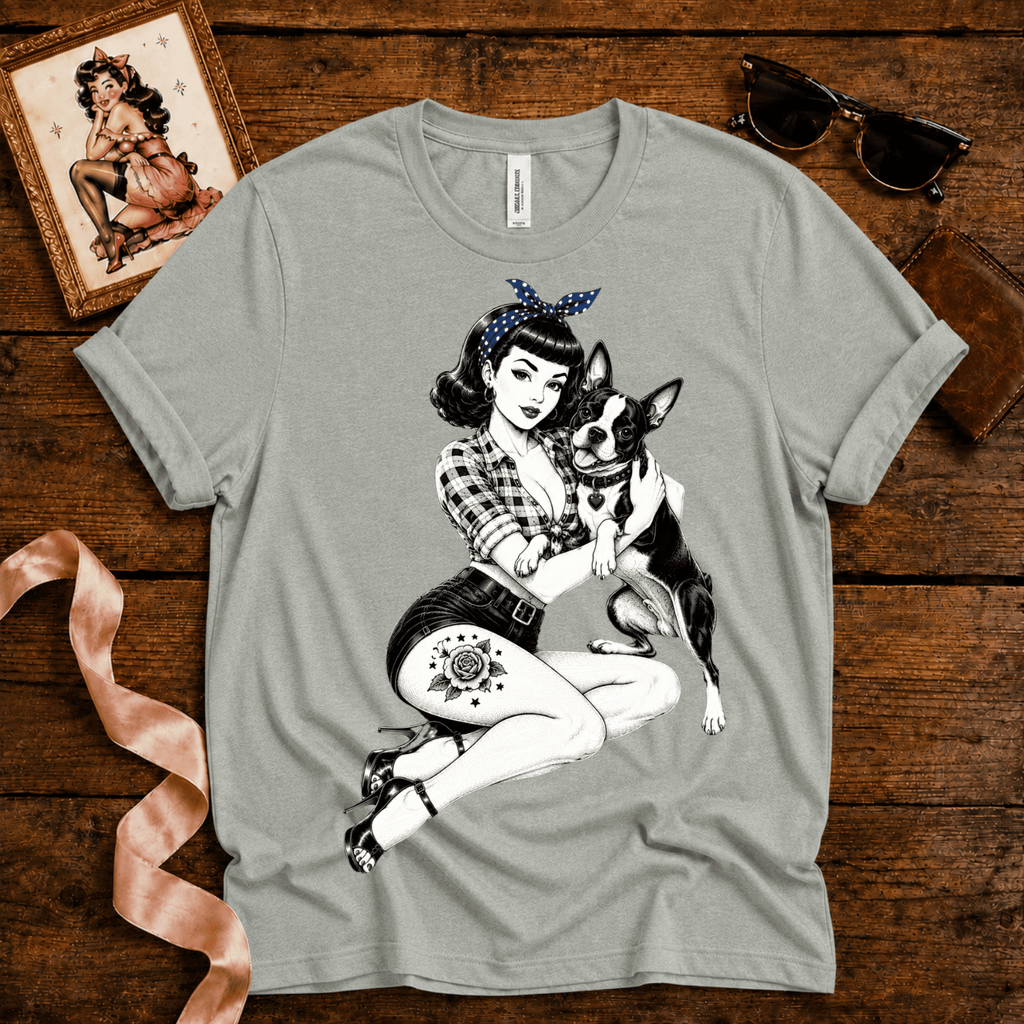 Boston Love pinup graphic t-shirt cozy flat lay in athletic heather.