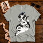 Boston Love pinup graphic t-shirt cozy flat lay in athletic heather.