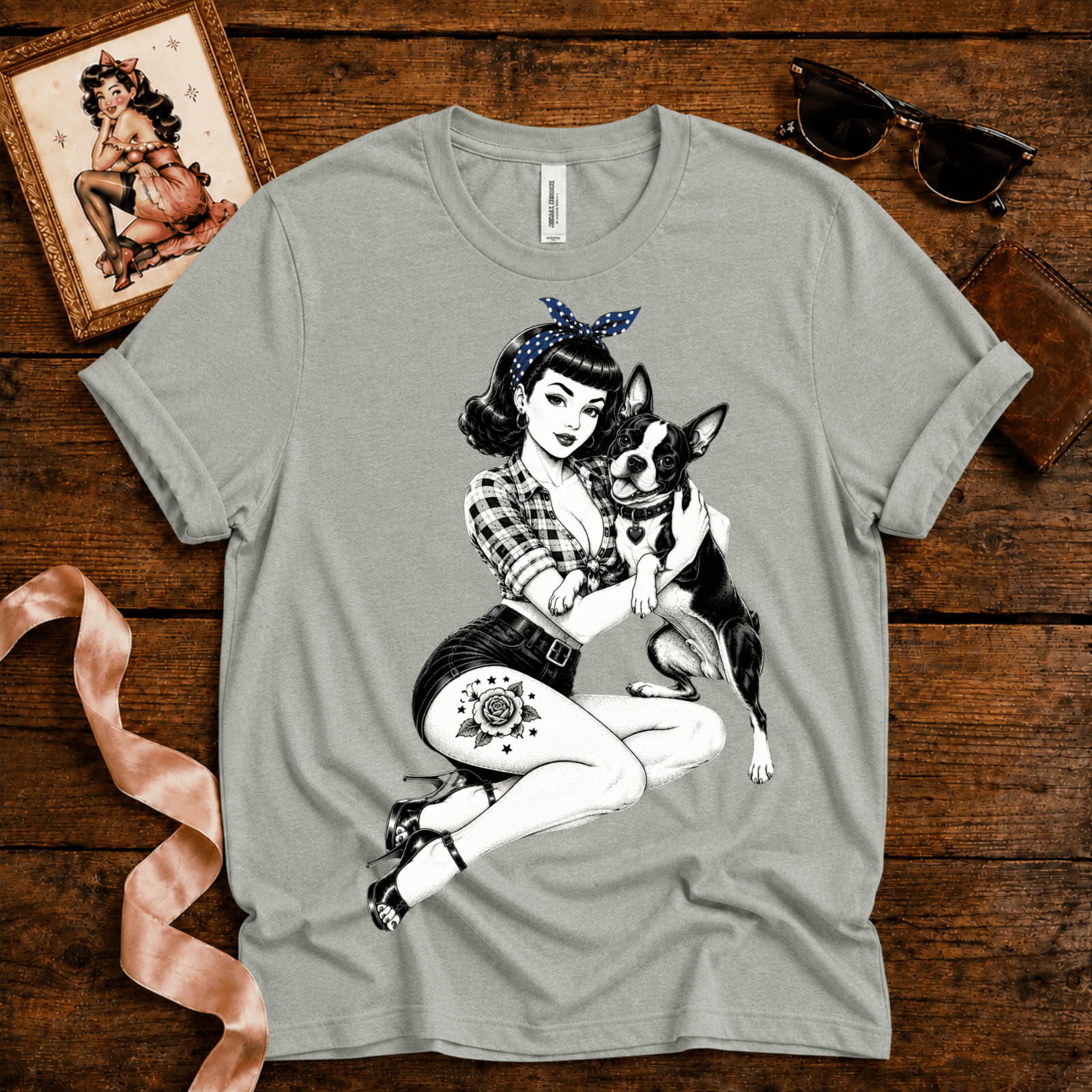 Boston Love pinup graphic t-shirt cozy flat lay in athletic heather.