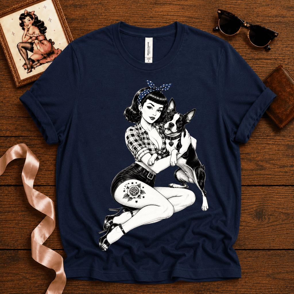 Boston Love pinup graphic t-shirt cozy flat lay in navy.