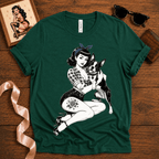 Boston Love pinup graphic t-shirt cozy flat lay in evergreen.