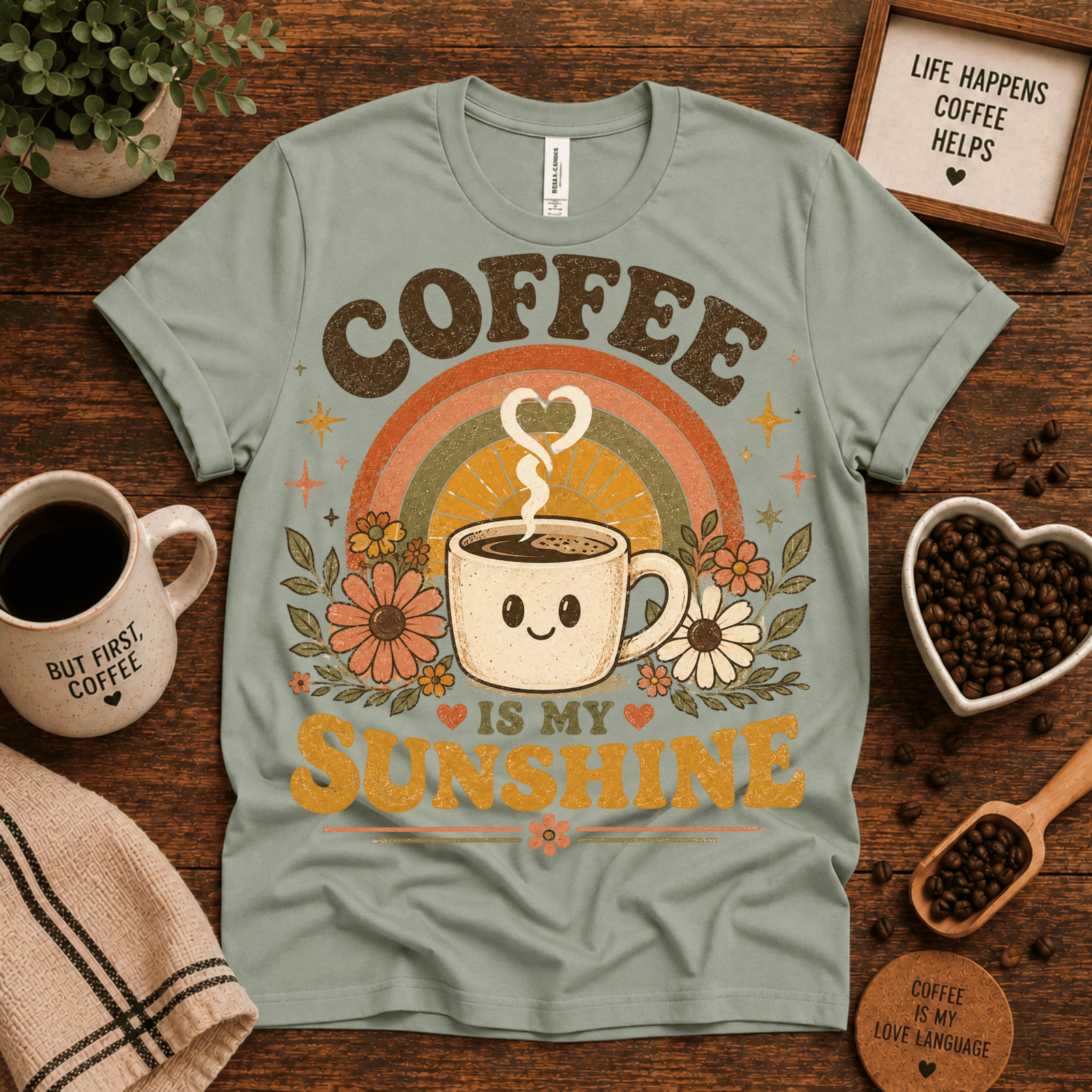 Coffee Is My Sunshine coffee graphic t-shirt cozy flat lay in sage.