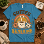 Coffee Is My Sunshine coffee graphic t-shirt cozy flat lay in aqua.