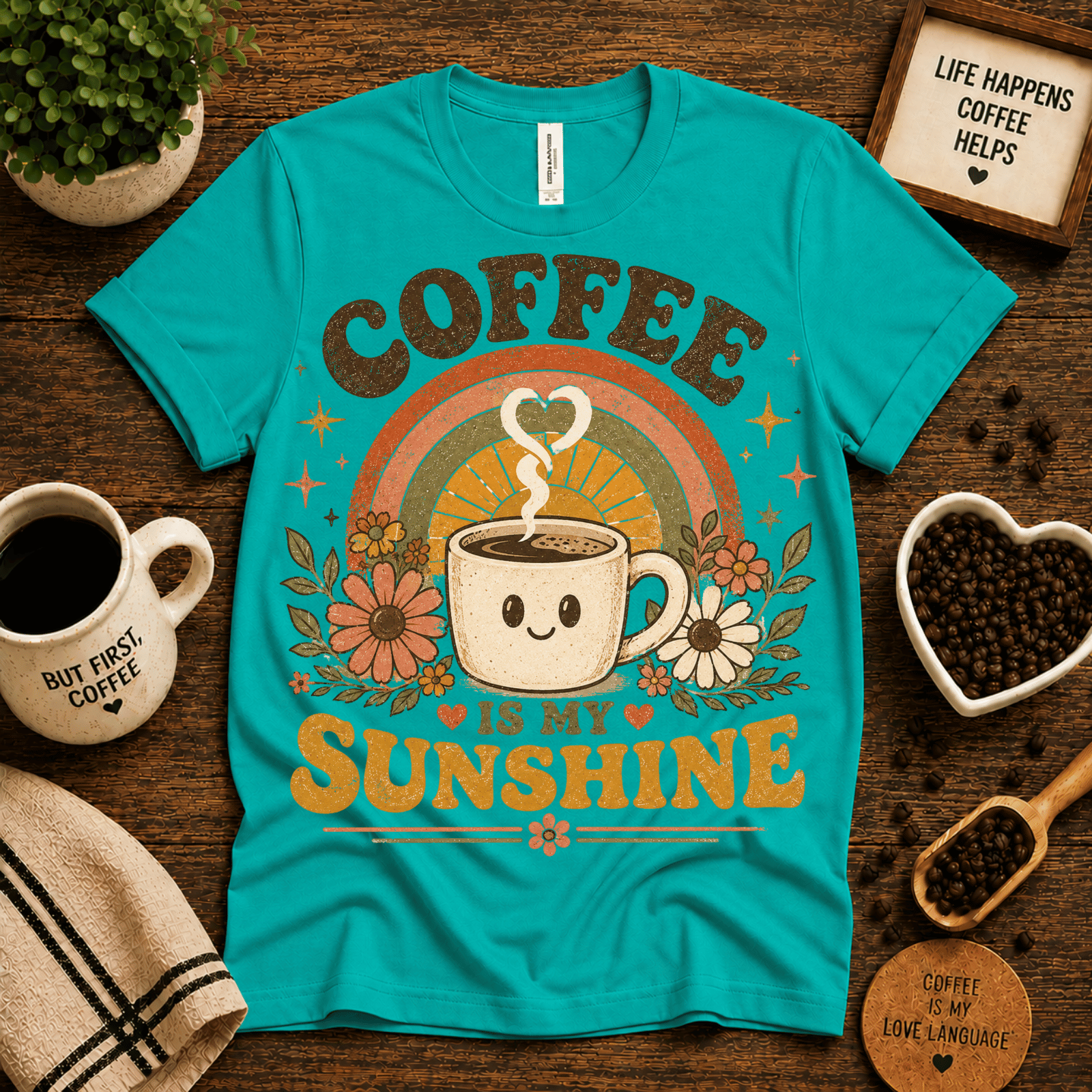 Coffee Is My Sunshine coffee graphic t-shirt cozy flat lay in heather sea green.