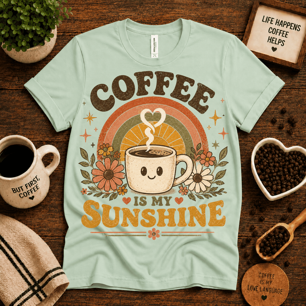 Coffee Is My Sunshine coffee graphic t-shirt cozy flat lay in mint.