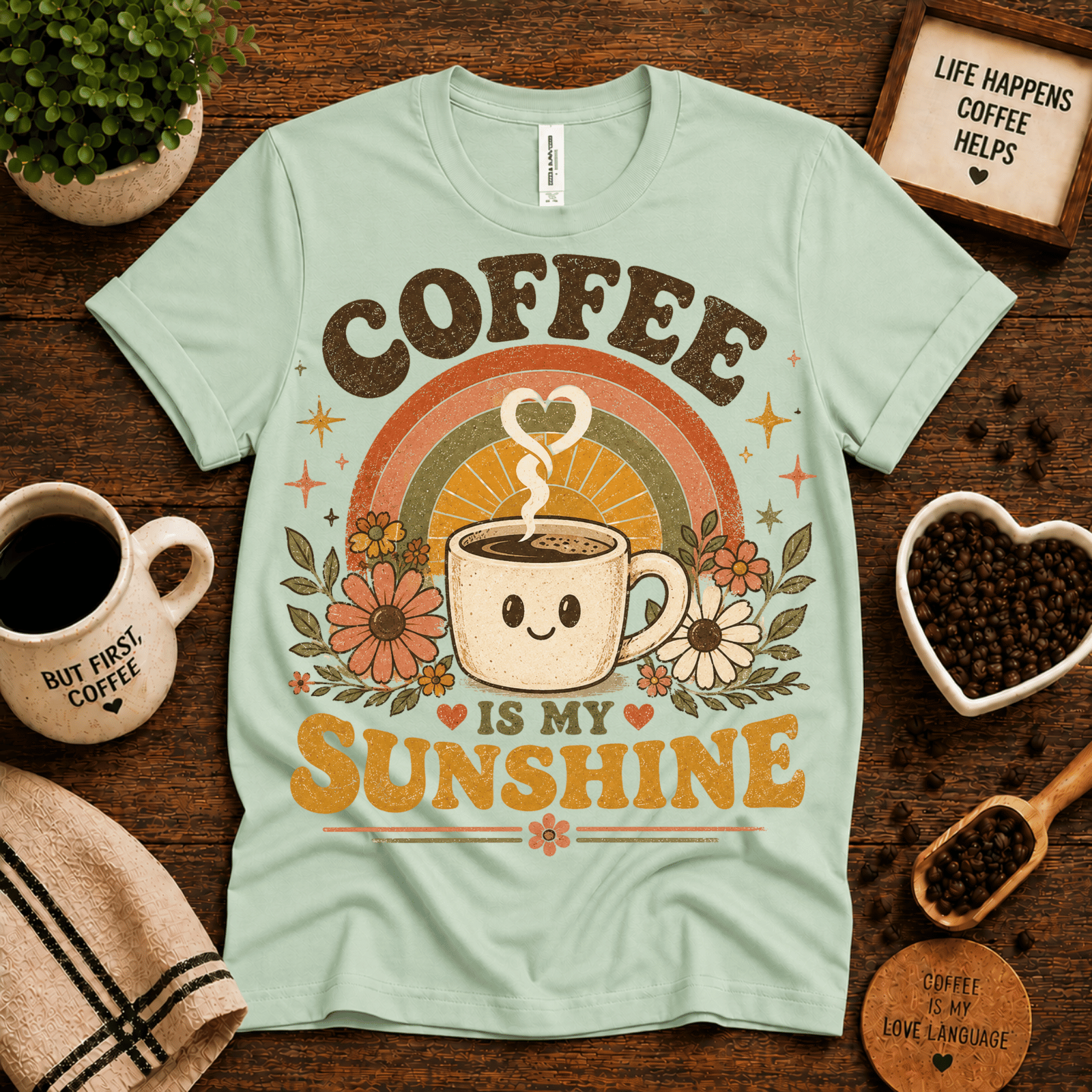 Coffee Is My Sunshine coffee graphic t-shirt cozy flat lay in mint.