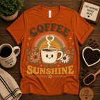 Coffee Is My Sunshine coffee graphic t-shirt cozy flat lay in bunt orange.