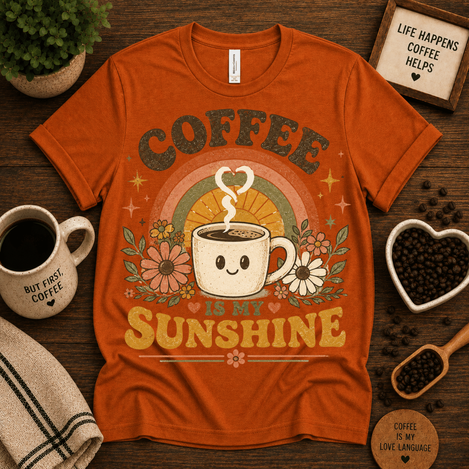 Coffee Is My Sunshine coffee graphic t-shirt cozy flat lay in bunt orange.
