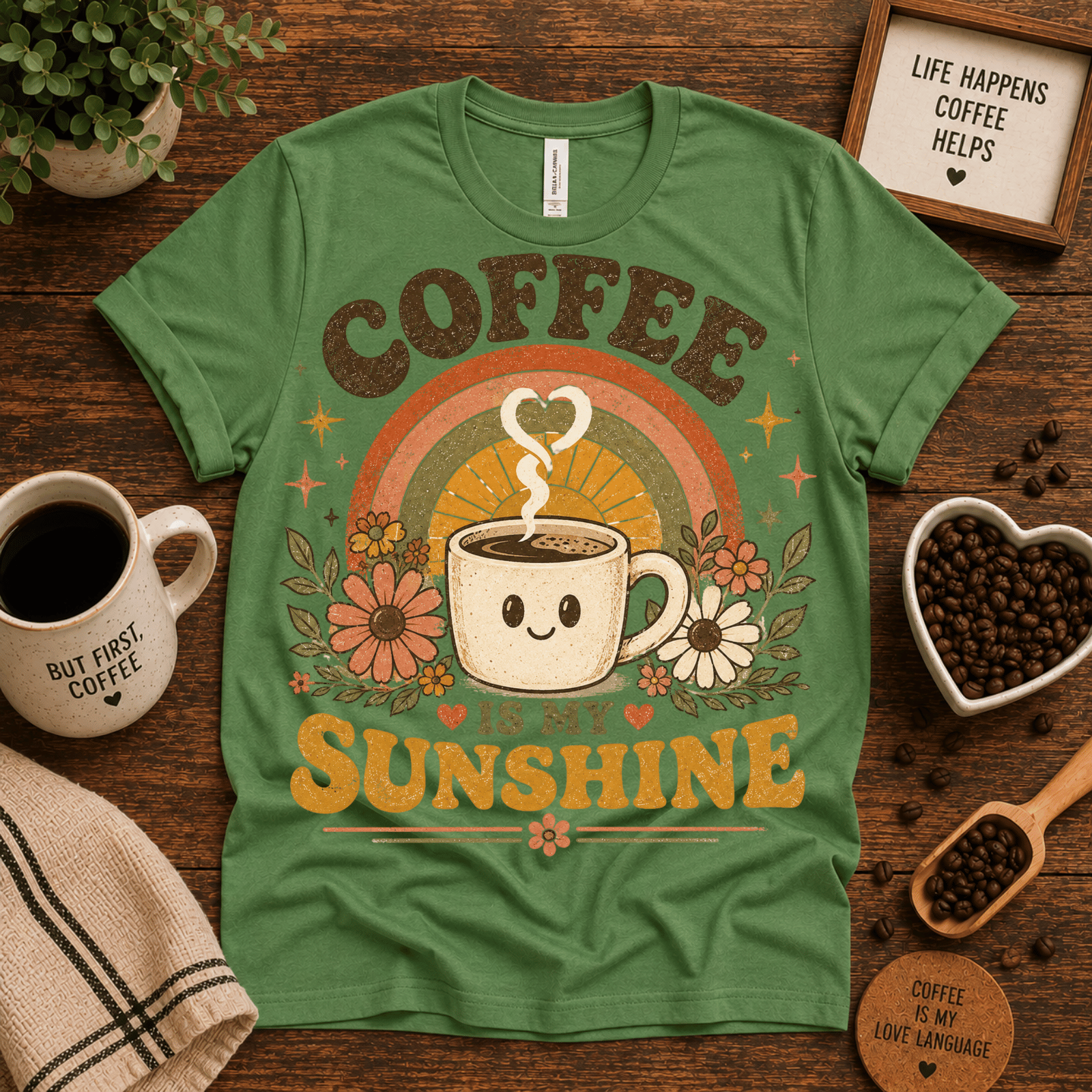 Coffee Is My Sunshine coffee graphic t-shirt cozy flat lay in leaf.