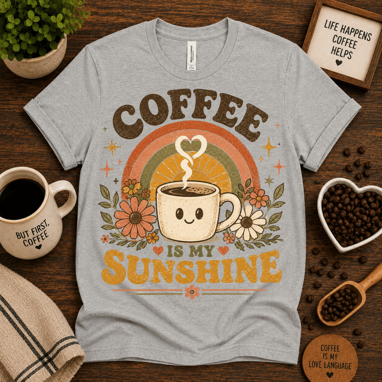 Coffee Is My Sunshine coffee graphic t-shirt cozy flat lay in athletic heather.
