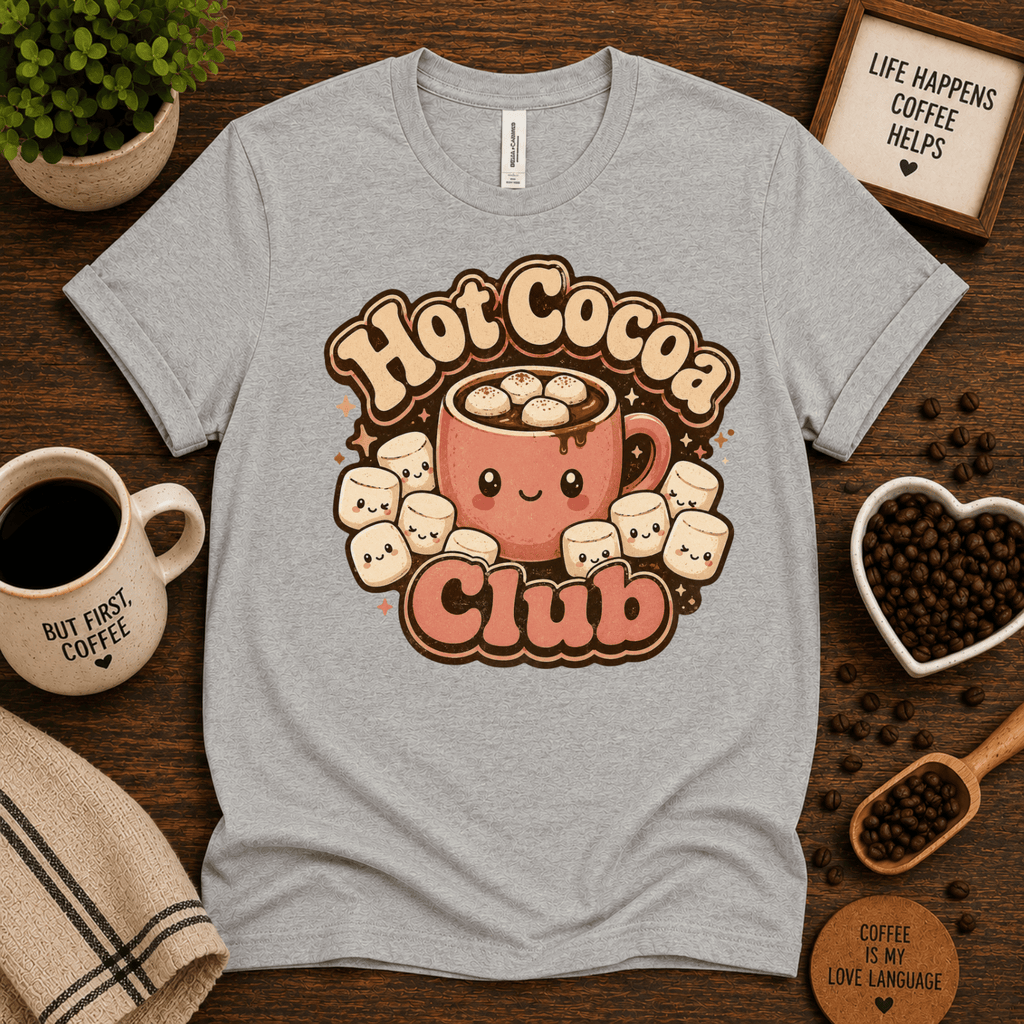 Hot Cocoa Club coffee graphic t-shirt cozy flat lay in athletic heather.