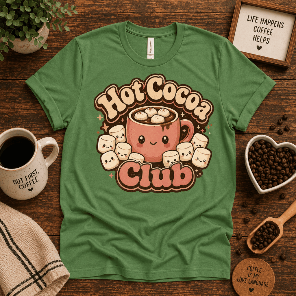 Hot Cocoa Club coffee graphic t-shirt cozy flat lay in leaf.