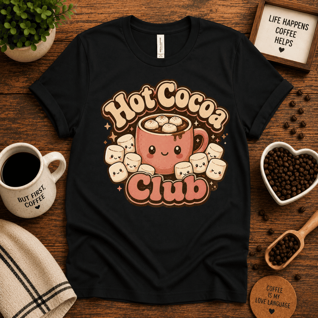 Hot Cocoa Club coffee graphic t-shirt cozy flat lay in vintage black.