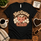 Hot Cocoa Club coffee graphic t-shirt cozy flat lay in vintage black.