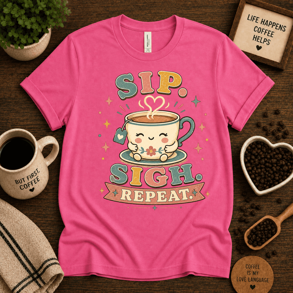 Sip. Sigh. Repeat. coffee graphic t-shirt cozy flat lay in charity pink.