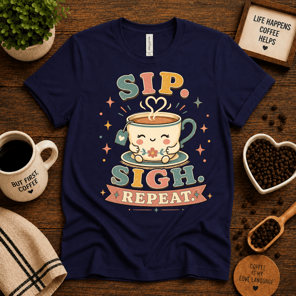 Sip. Sigh. Repeat. coffee graphic t-shirt cozy flat lay in navy.