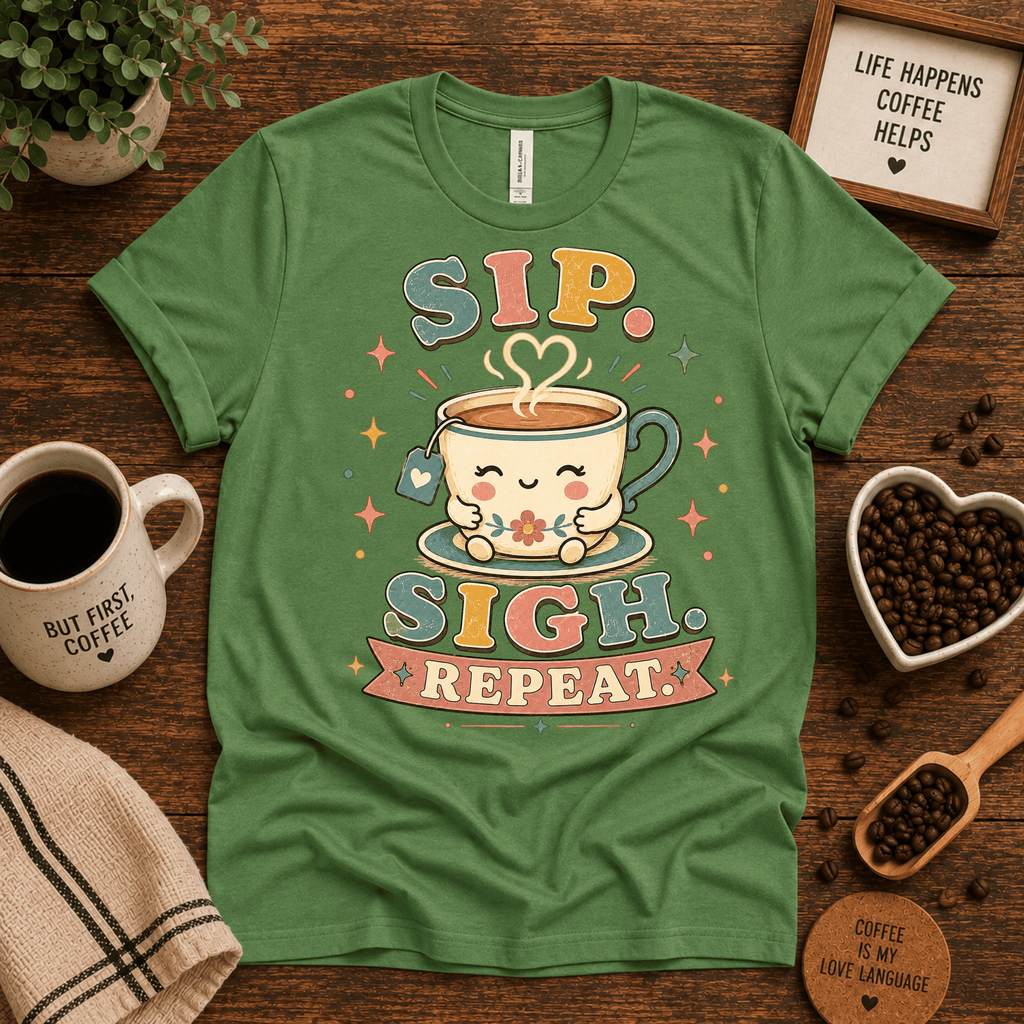 Sip. Sigh. Repeat. coffee graphic t-shirt cozy flat lay in leaf.