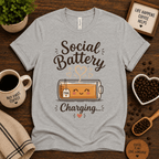 Social Battery of Tea graphic t-shirt cozy flat lay in athletic heather.