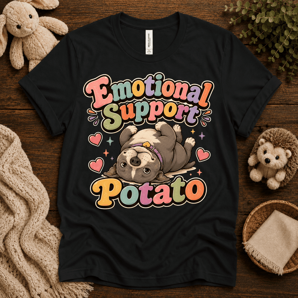 Emotional Support Potato cute animal graphic t-shirt cozy flat lay in vintage black.