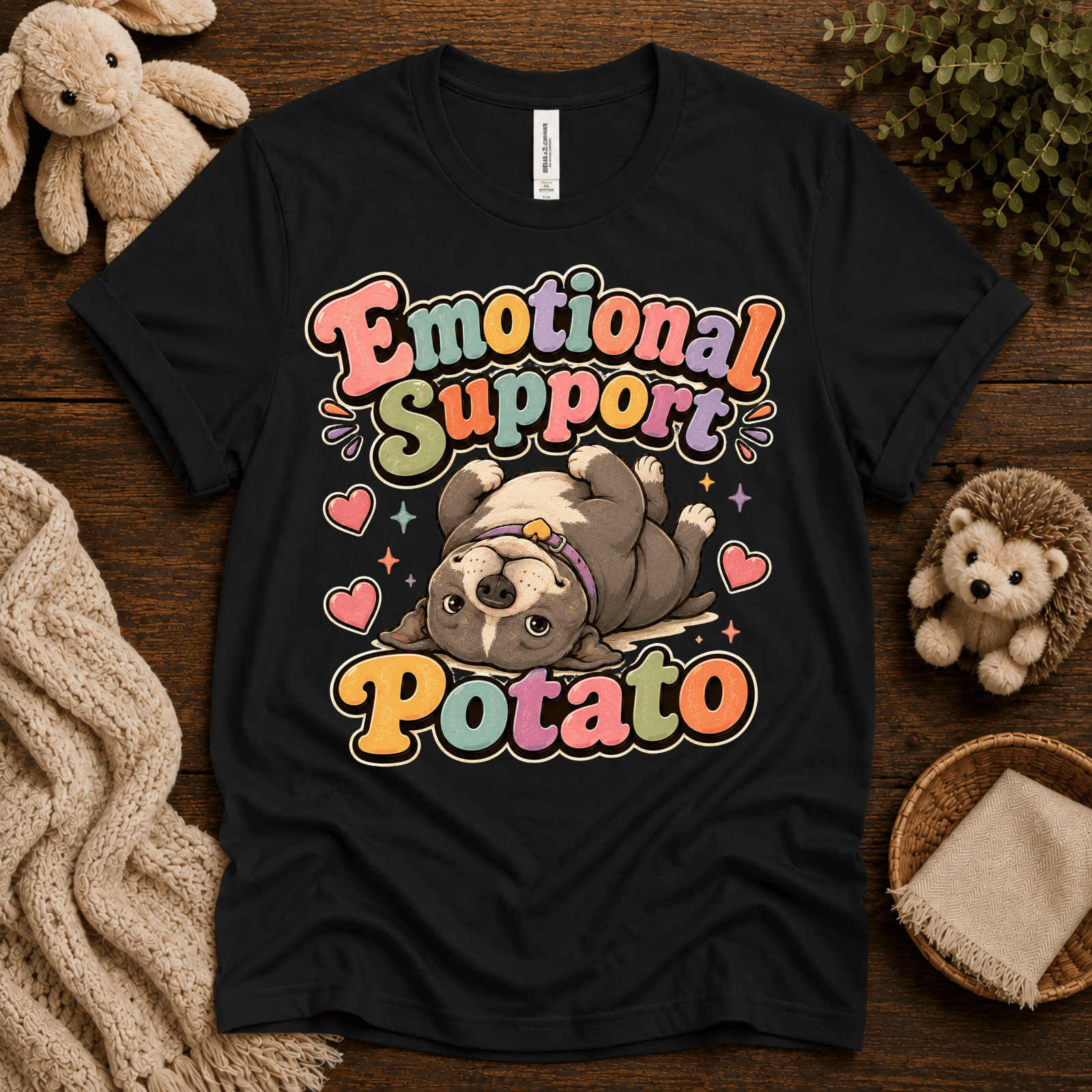 Emotional Support Potato cute animal graphic t-shirt cozy flat lay in vintage black.