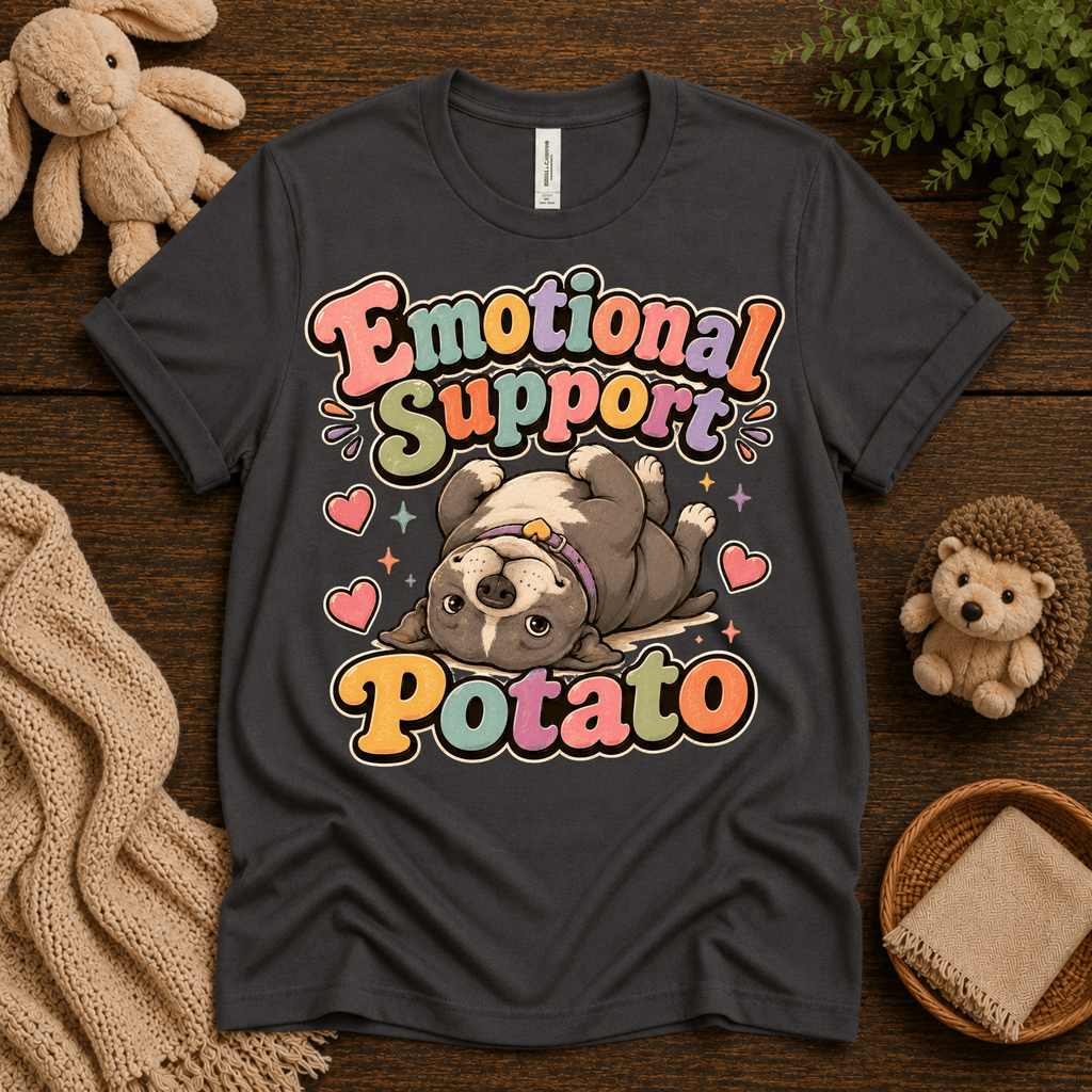 Emotional Support Potato cute animal graphic t-shirt cozy flat lay in asphalt.
