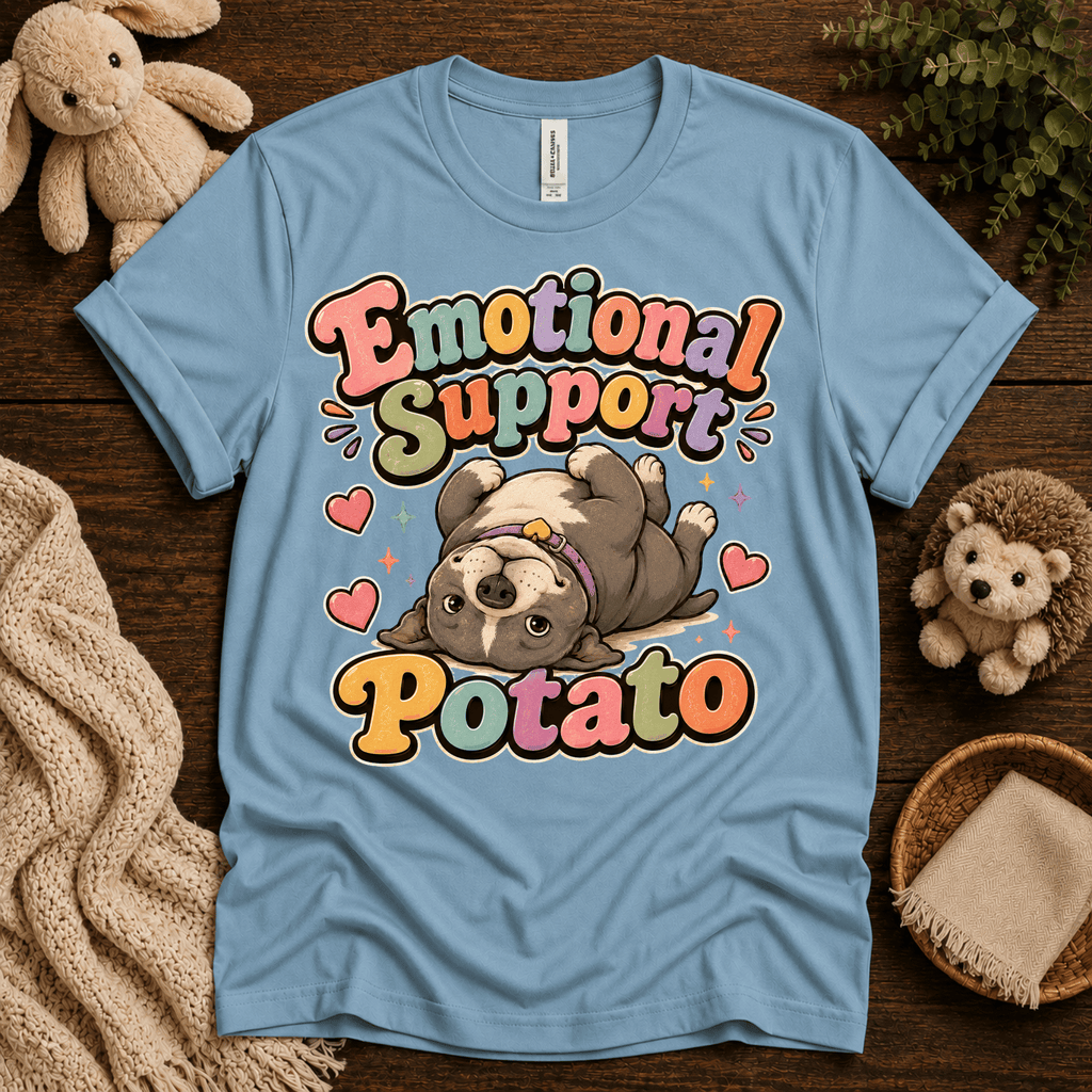 Emotional Support Potato cute animal graphic t-shirt cozy flat lay in baby blue.