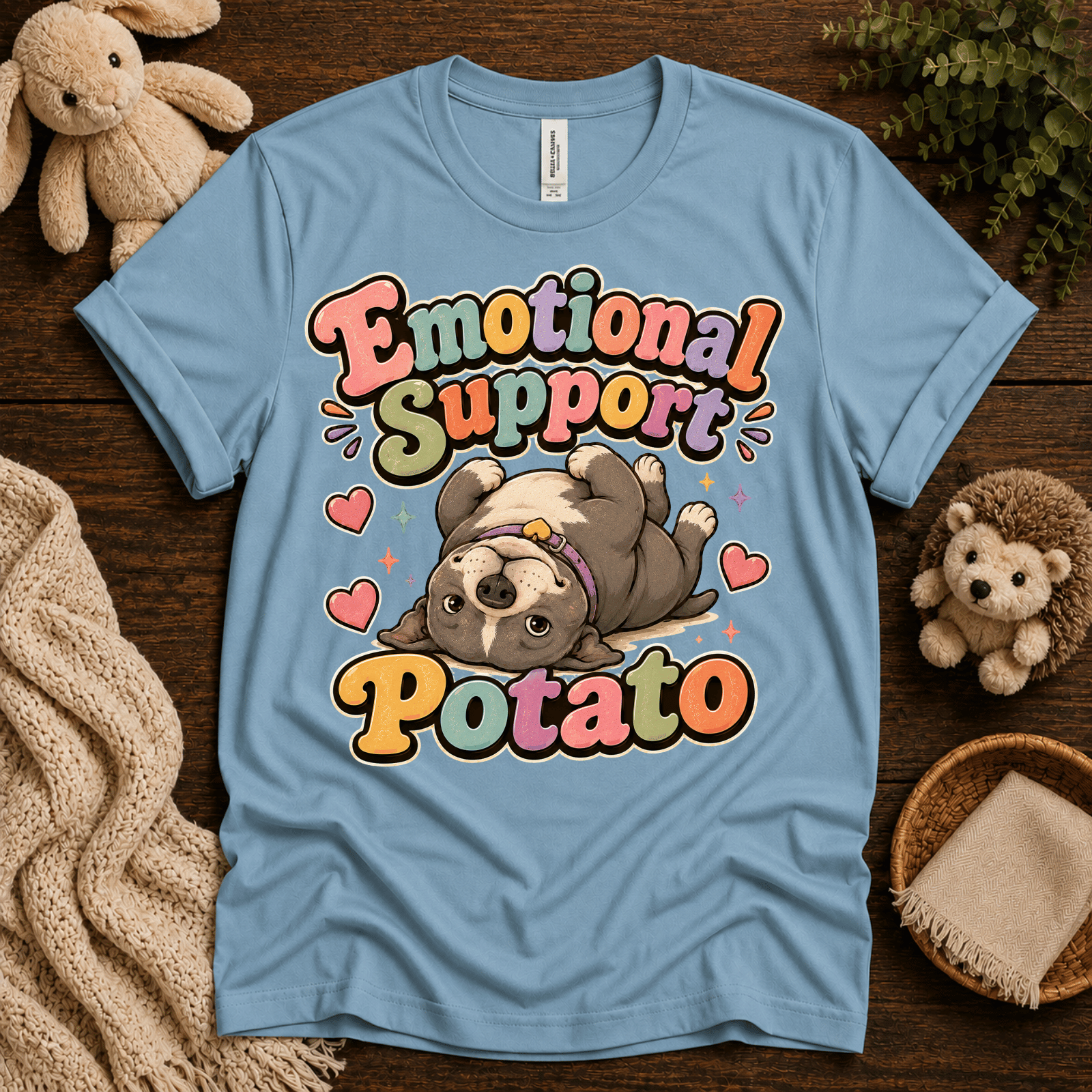 Emotional Support Potato cute animal graphic t-shirt cozy flat lay in baby blue.