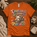 Emotional Support Potato cute animal graphic t-shirt cozy flat lay in burnt orange.