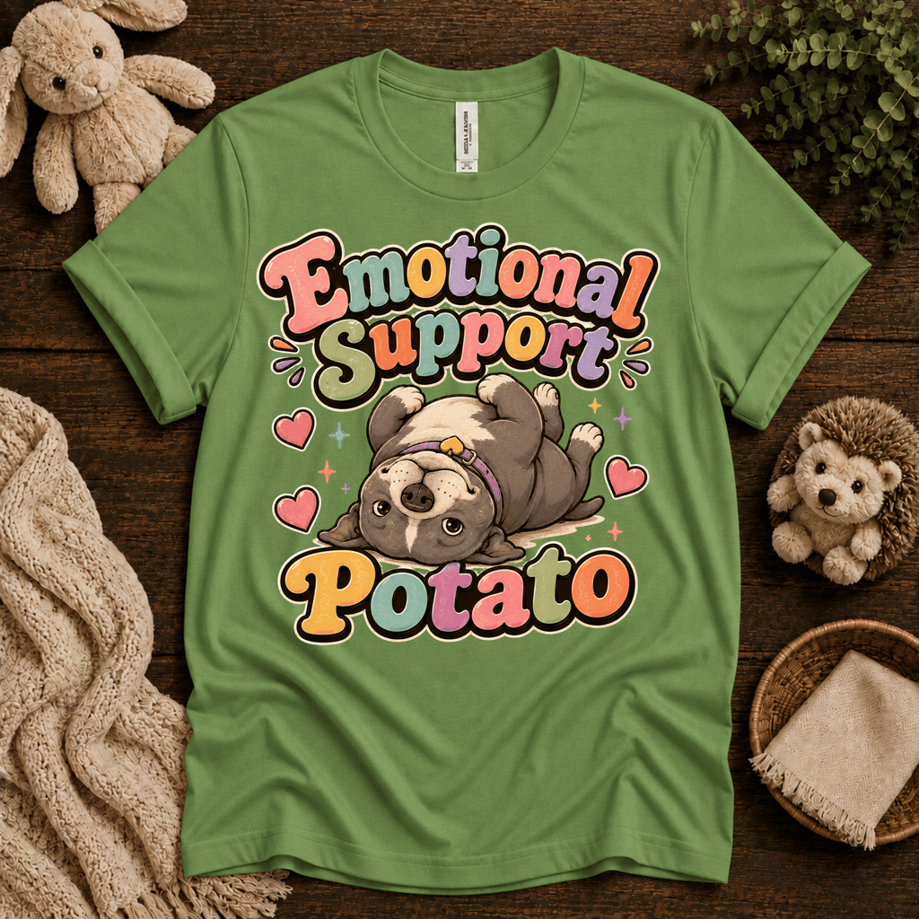 Emotional Support Potato cute animal graphic t-shirt cozy flat lay in leaf.