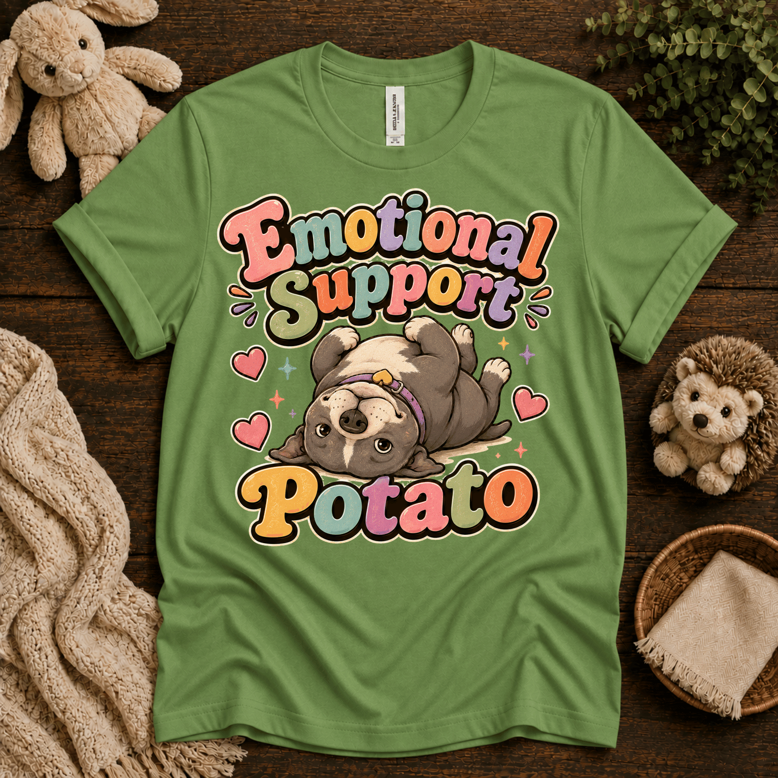 Emotional Support Potato cute animal graphic t-shirt cozy flat lay in leaf.