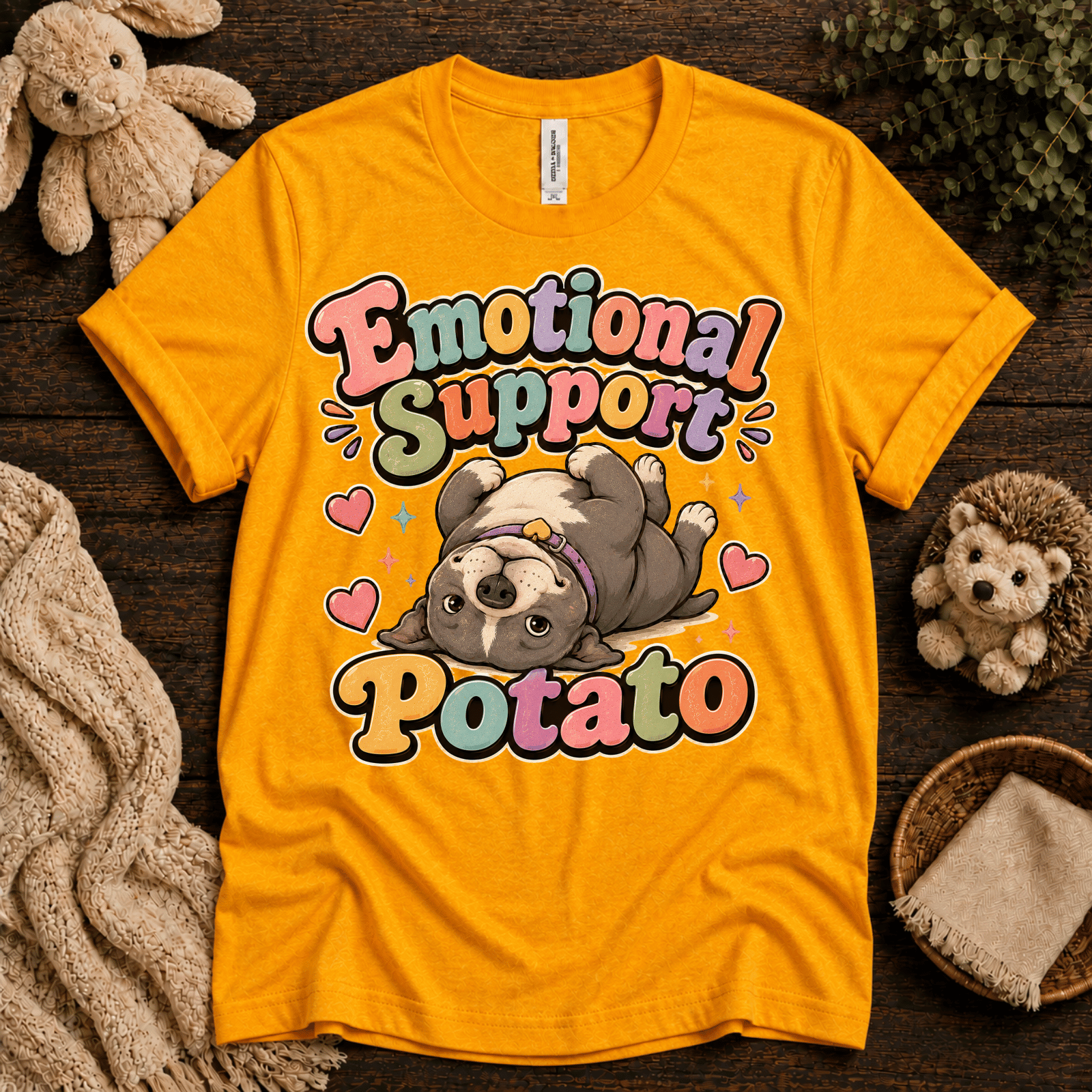 Emotional Support Potato cute animal graphic t-shirt cozy flat lay in gold.