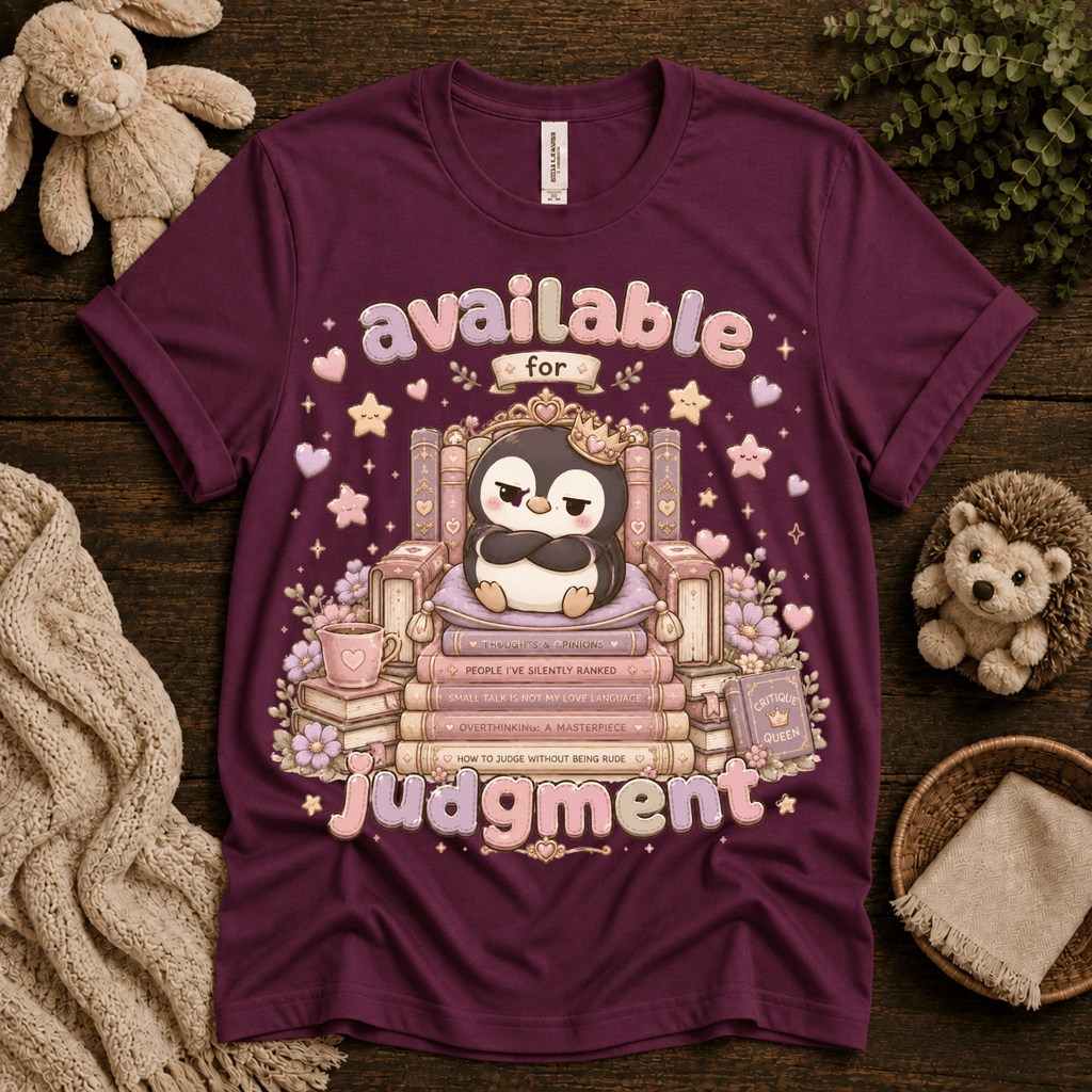 Available For Judgement cute animal graphic t-shirt cozy flat lay in maroon.