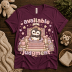 Available For Judgement cute animal graphic t-shirt cozy flat lay in maroon.