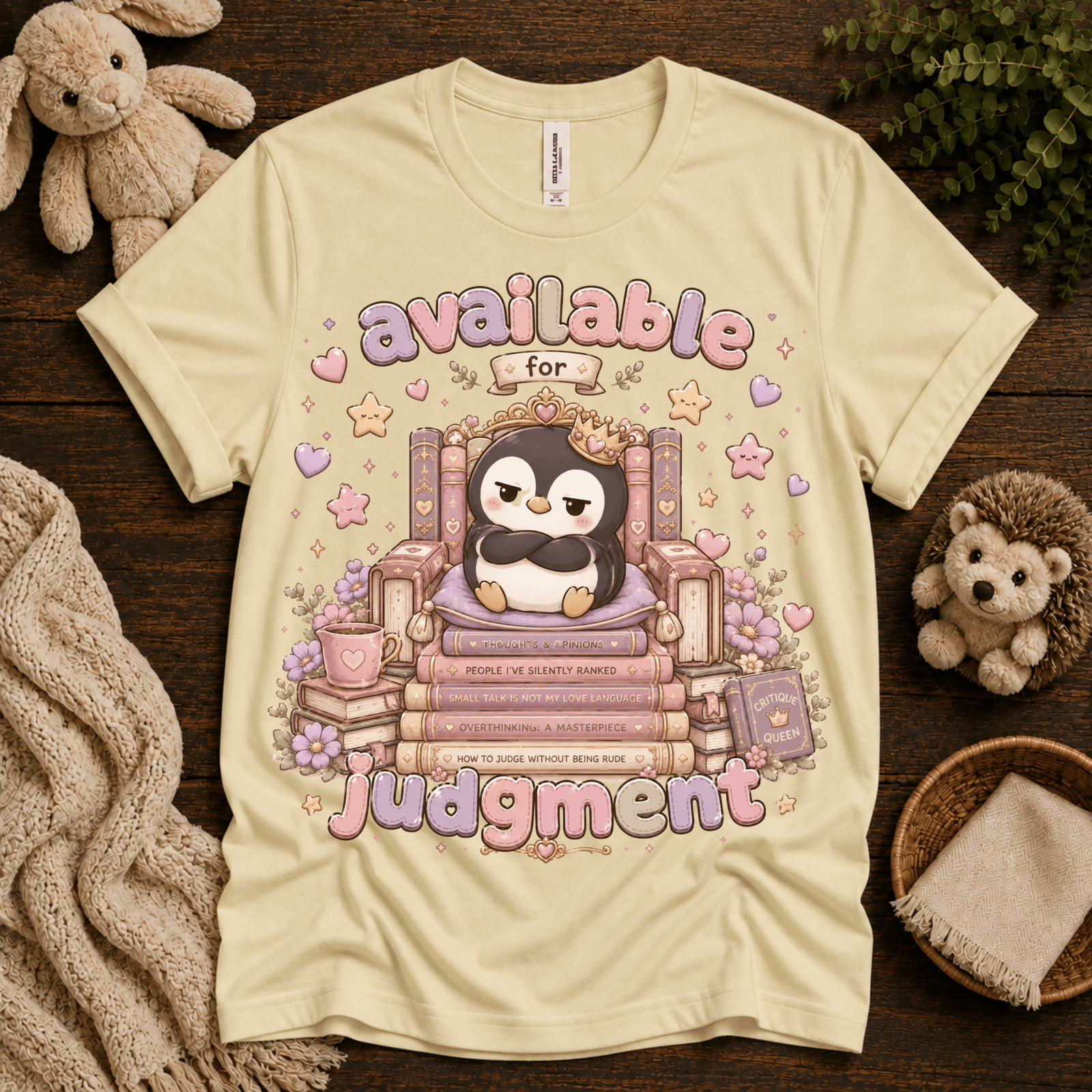 Available For Judgement cute animal graphic t-shirt cozy flat lay in natural.