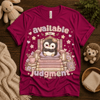 Available For Judgement cute animal graphic t-shirt cozy flat lay in berry.