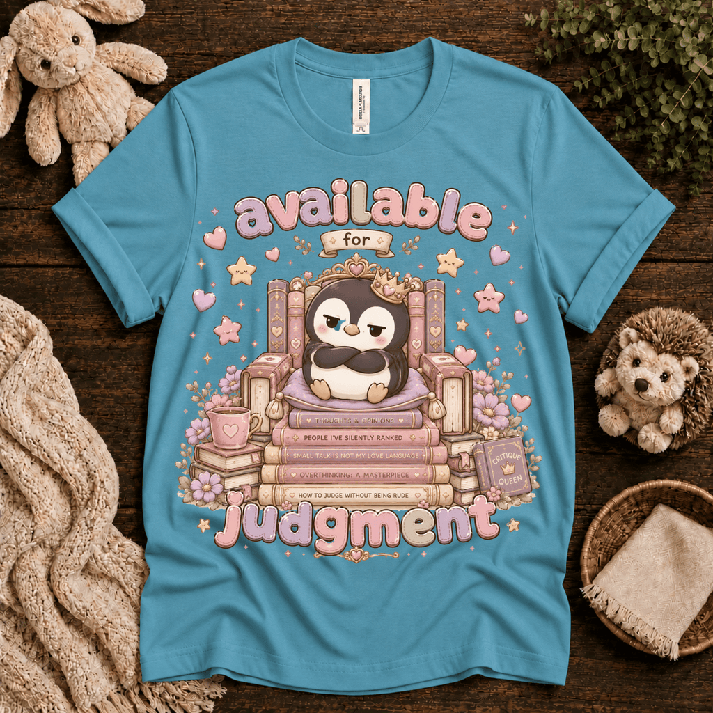 Available For Judgement cute animal graphic t-shirt cozy flat lay in aqua.