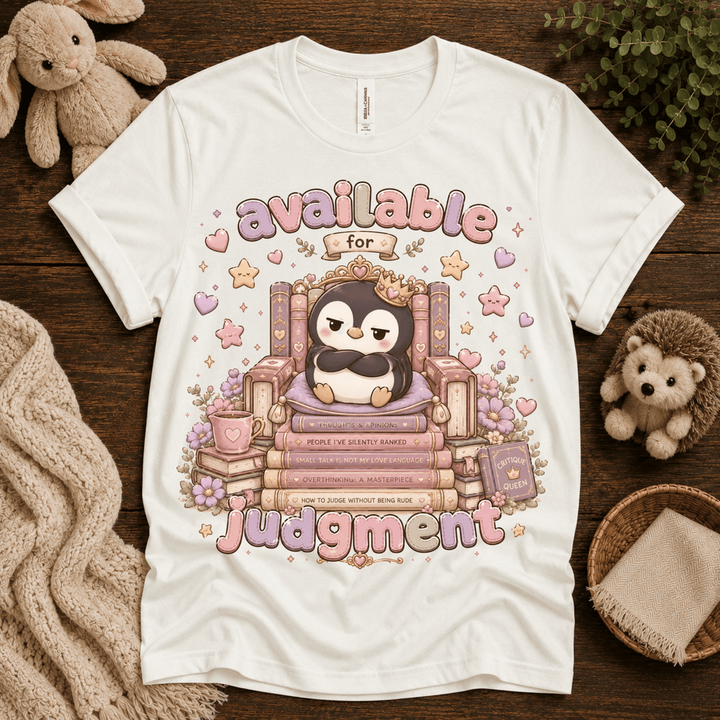 Available For Judgement cute animal graphic t-shirt cozy flat lay in white.