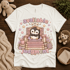 Available For Judgement cute animal graphic t-shirt cozy flat lay in white.