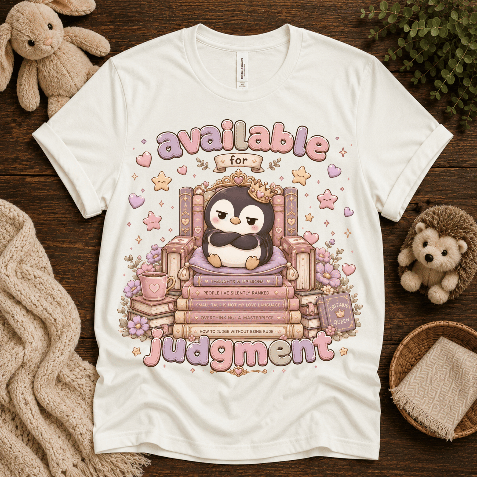 Available For Judgement cute animal graphic t-shirt cozy flat lay in white.