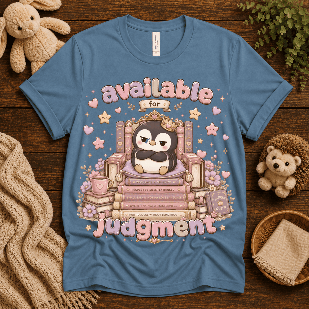 Available For Judgement cute animal graphic t-shirt cozy flat lay in steel blue.