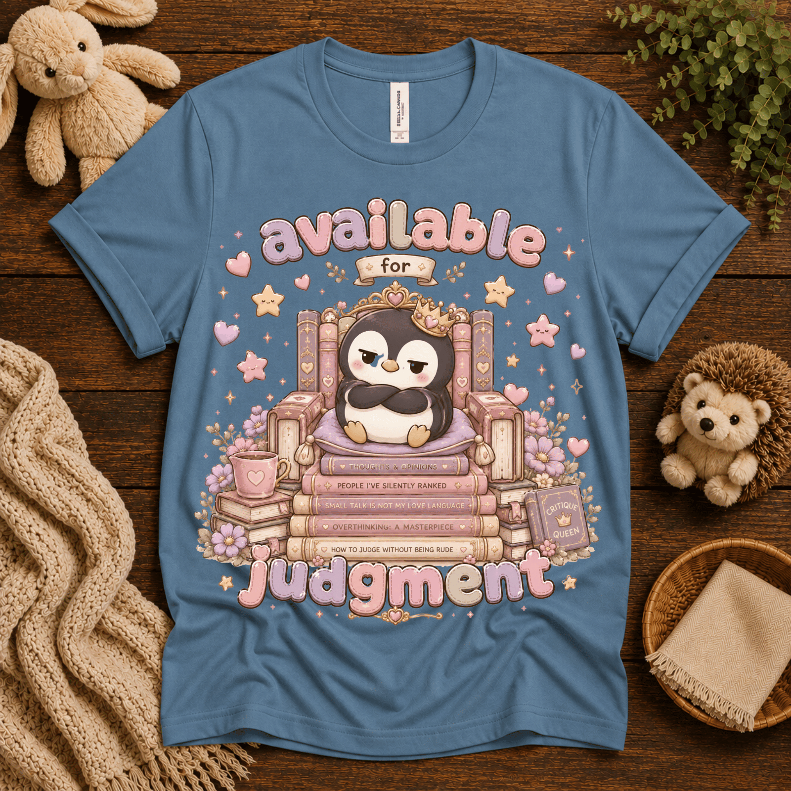 Available For Judgement cute animal graphic t-shirt cozy flat lay in steel blue.