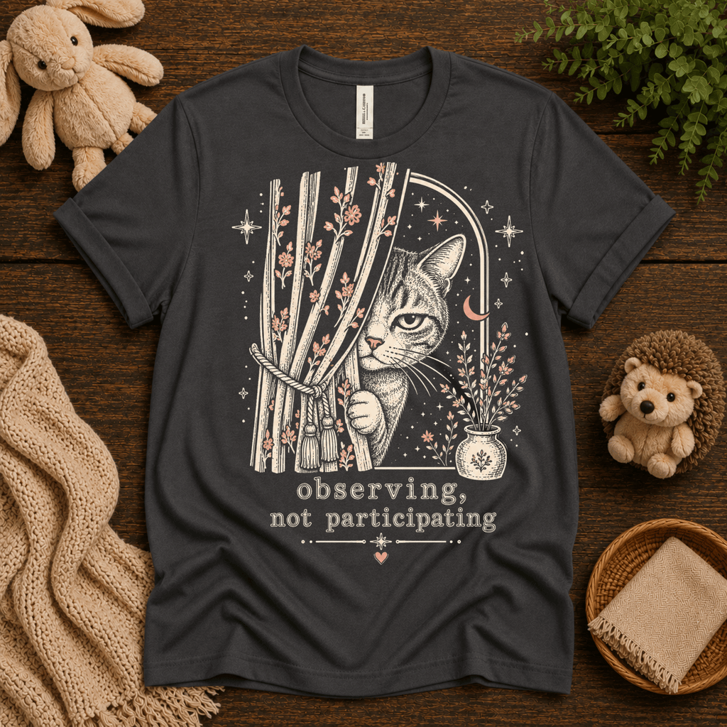 Cat Observing cute animal graphic t-shirt cozy flat lay in asphalt.
