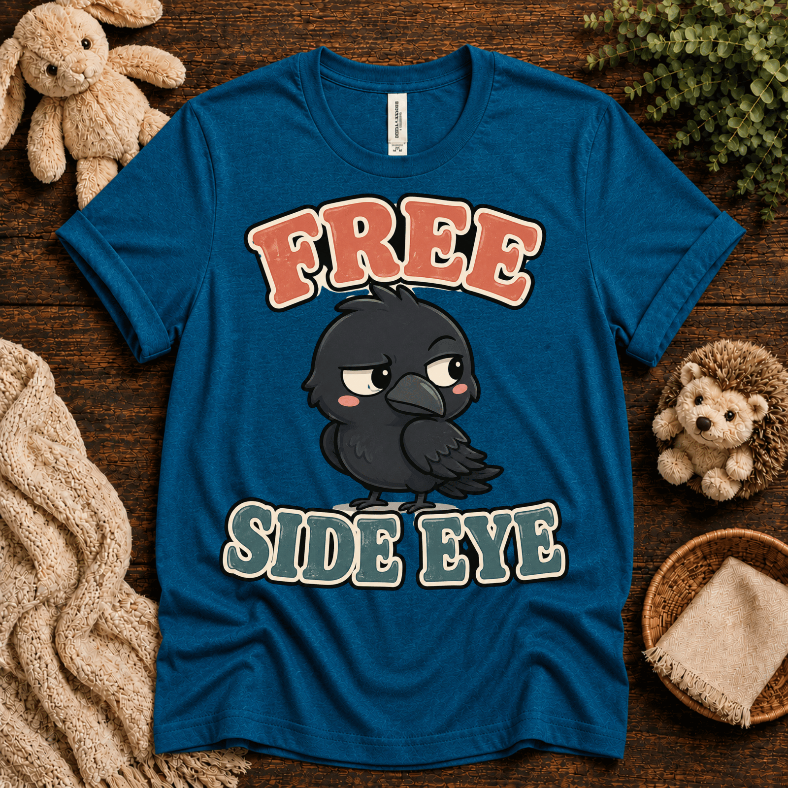 Free Side Eye cute animal graphic t-shirt cozy flat lay in deep teal.
