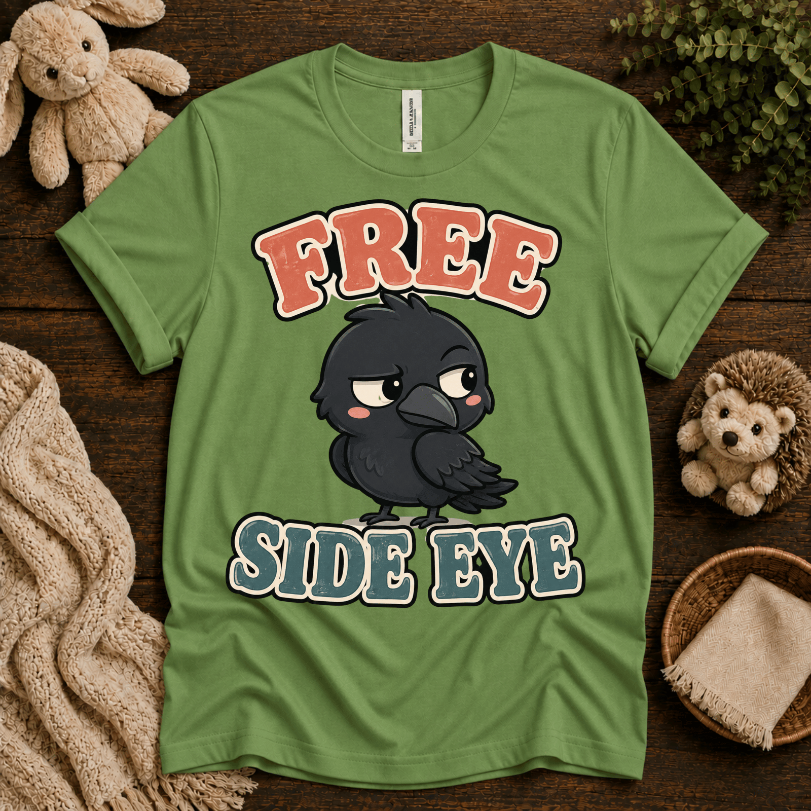 Free Side Eye cute animal graphic t-shirt cozy flat lay in leaf.