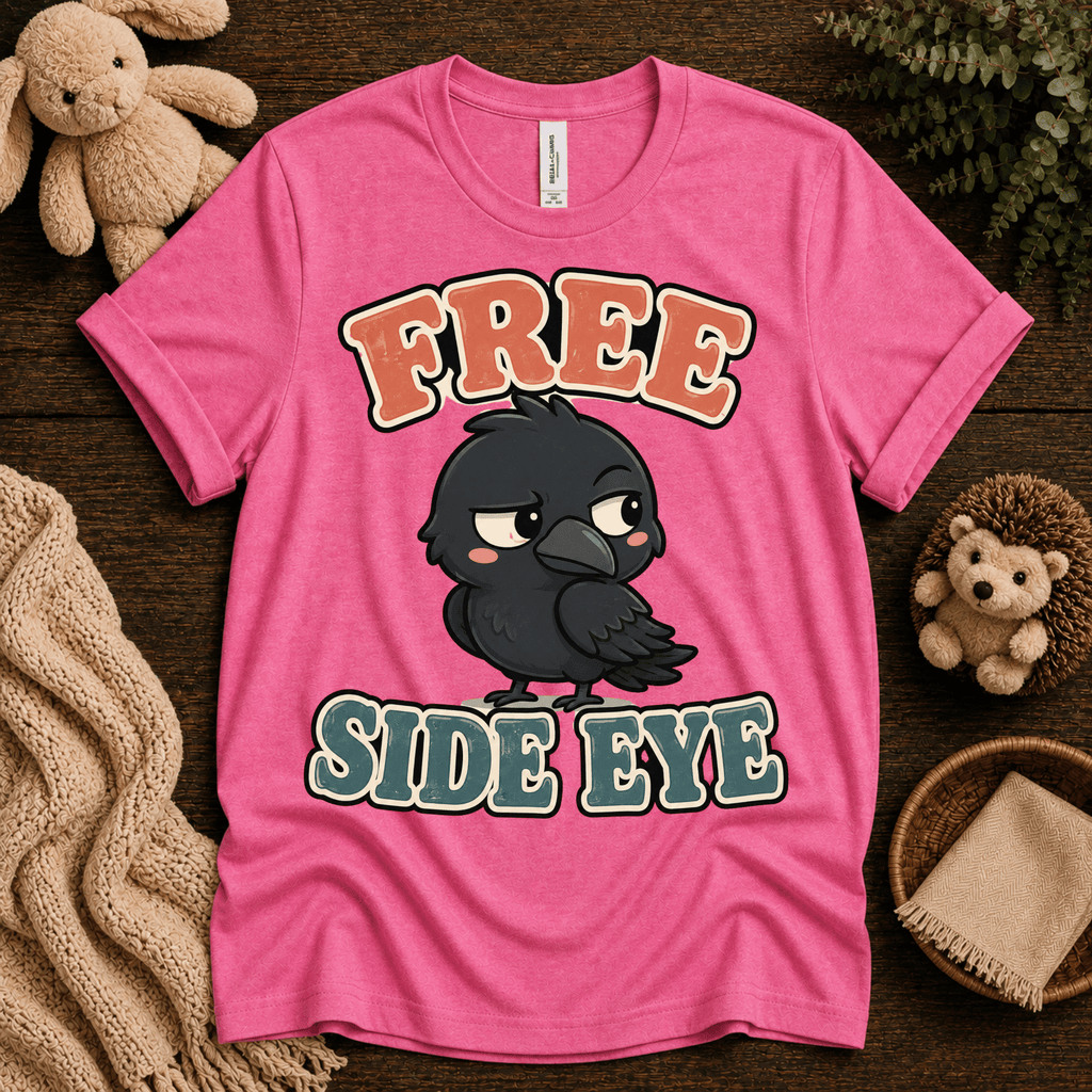Free Side Eye cute animal graphic t-shirt cozy flat lay in charity pink.