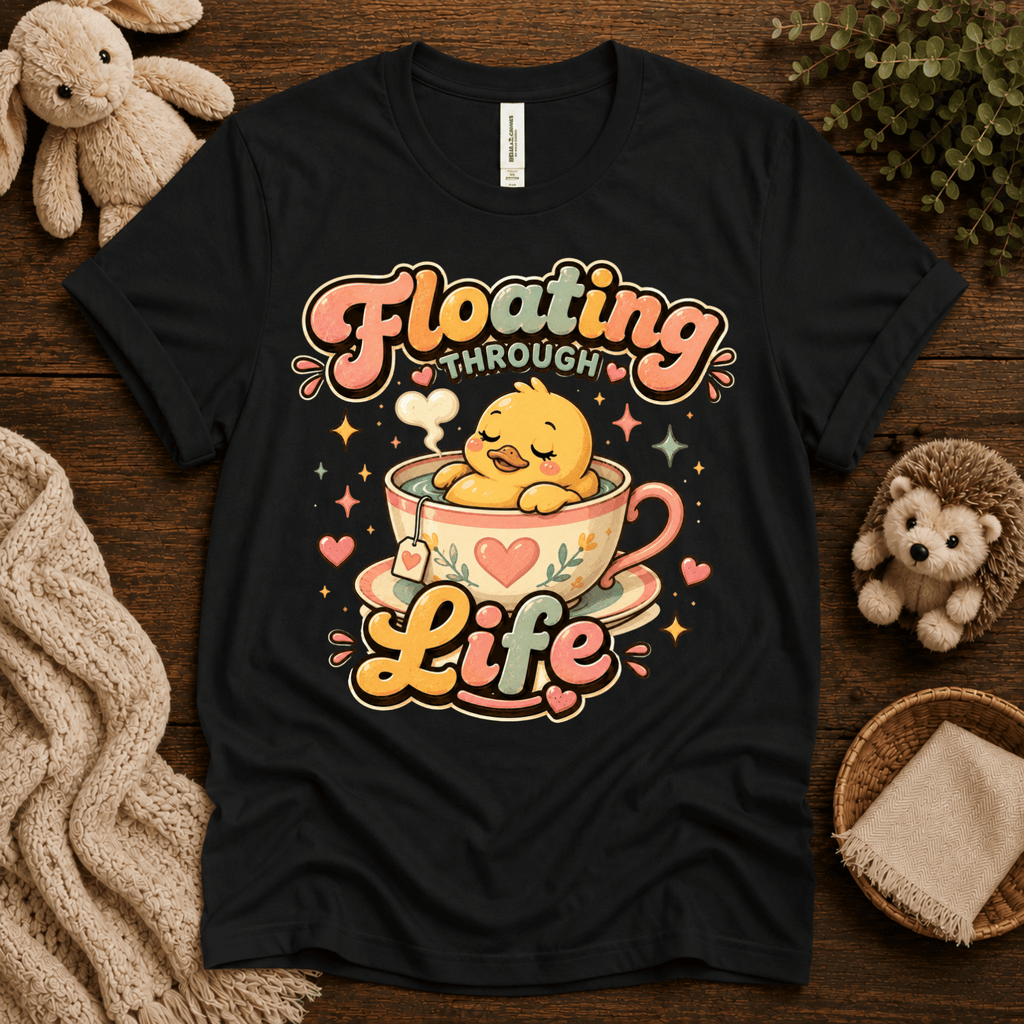 Floating Through Life cute animal graphic t-shirt cozy flat lay in vintage black.