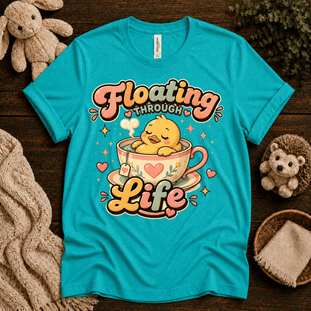 Floating Through Life cute animal graphic t-shirt cozy flat lay in heater sea green.