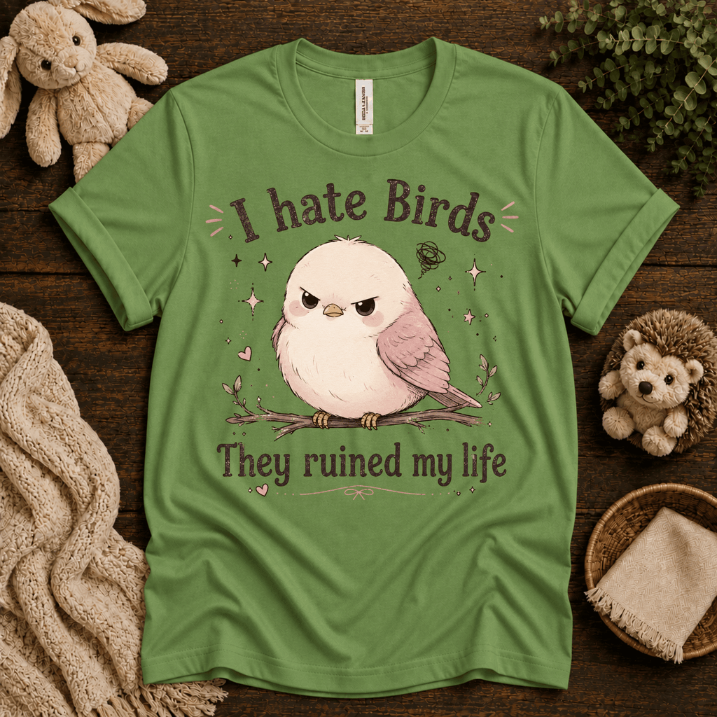 I Hate Birds cute animal graphic t-shirt cozy flat lay in leaf.