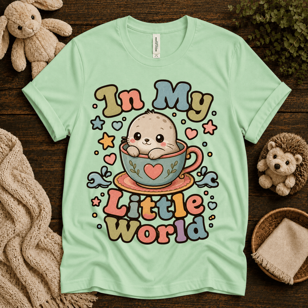 In My Little World cute animal graphic t-shirt cozy flat lay in mint.