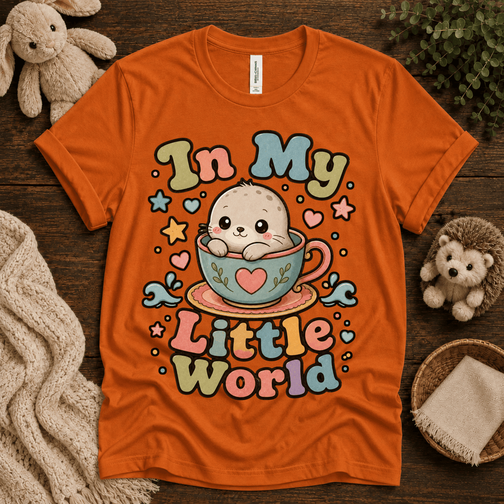 In My Little World cute animal graphic t-shirt cozy flat lay in burnt orange.